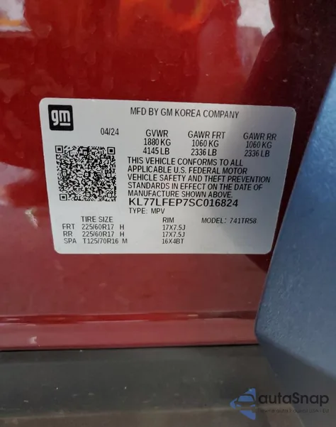 2025 Chevrolet Trax Ls из США, поврежденный, VIN KL77LFEP7SC016824